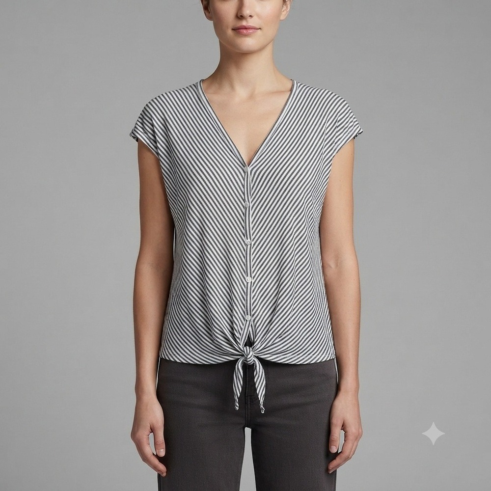 Max Studio Blouse Womens 1X Striped V-Neck Button Front Tie Hem Cap Sleeve Top‎